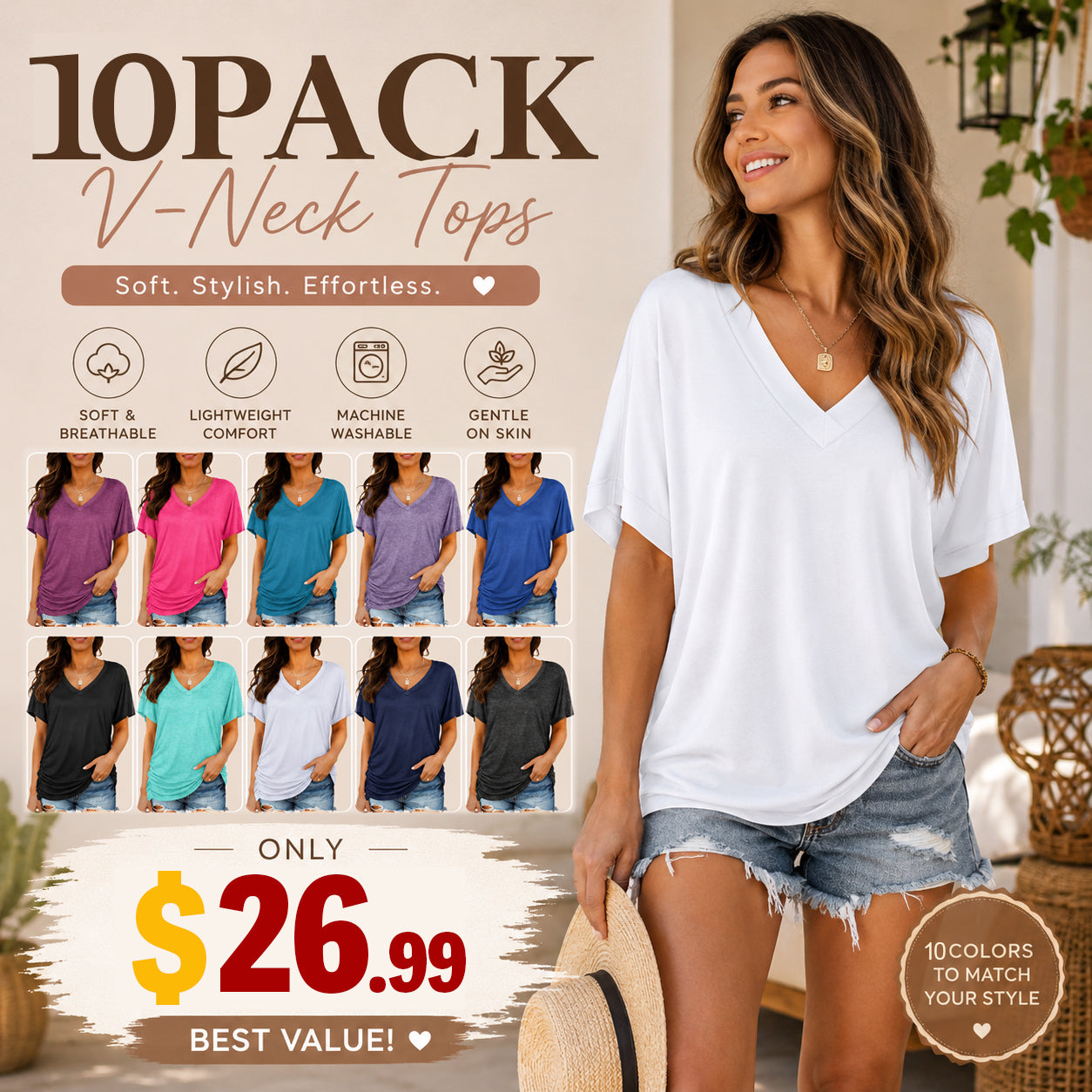 🔥 Women's V-Neck Everyday Tee | Ultra-Soft, Flattering Fit & All-Day Comfort 💖
